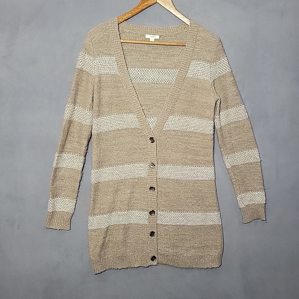 Caslon Women's Cardigan Size 8 Beige Cream Stripe Button Long Academia Grandma